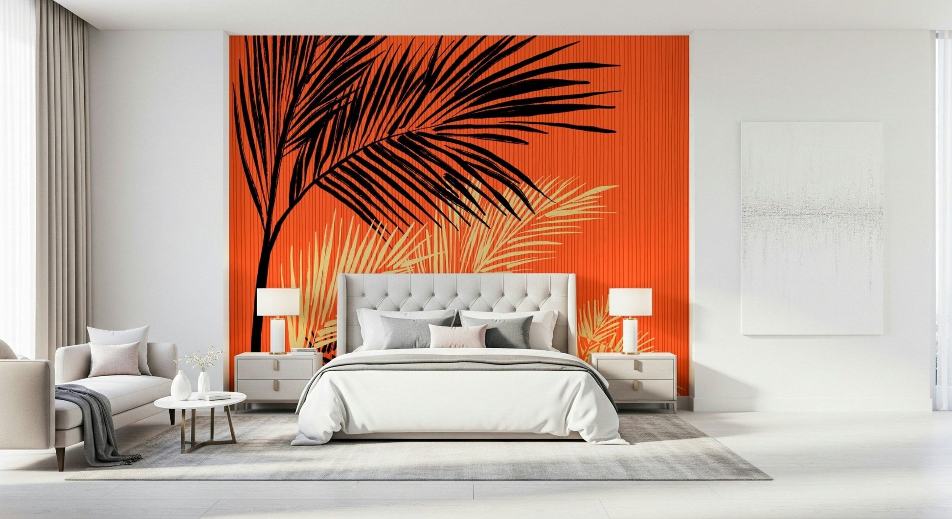Bedroom paired with Palms at Sunset wall mural for a bold coastal mood