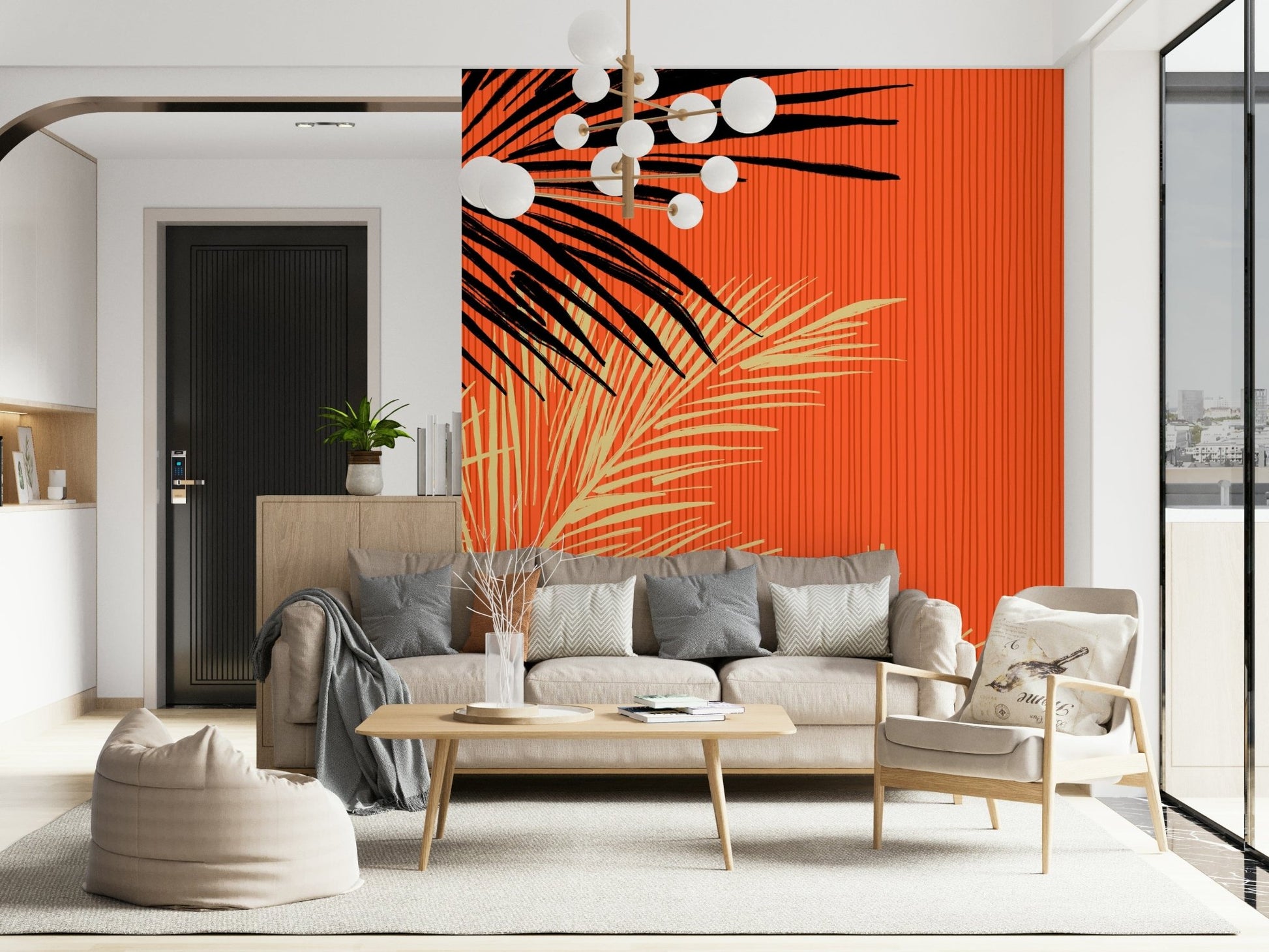 Modern living room styled around Palms at Sunset wall mural and palm silhouettes