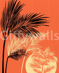 Palms at Sunset wall mural with black palm silhouettes over a warm orange sunset sky