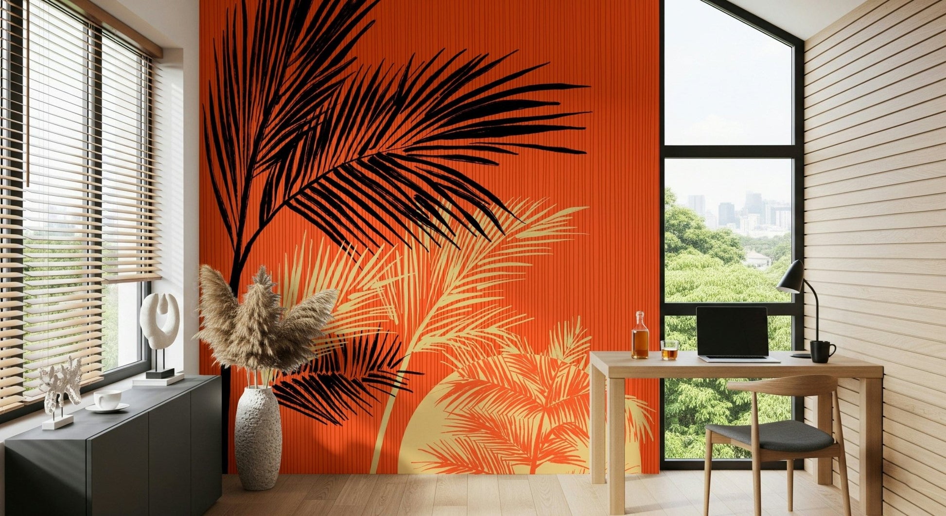 Compact reading corner styled with Palms at Sunset wall mural in warm palm shades