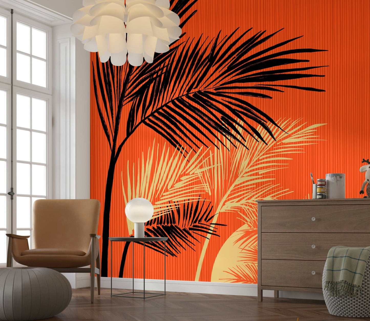 Window-side sitting area with Palms at Sunset wall mural and layered palm forms