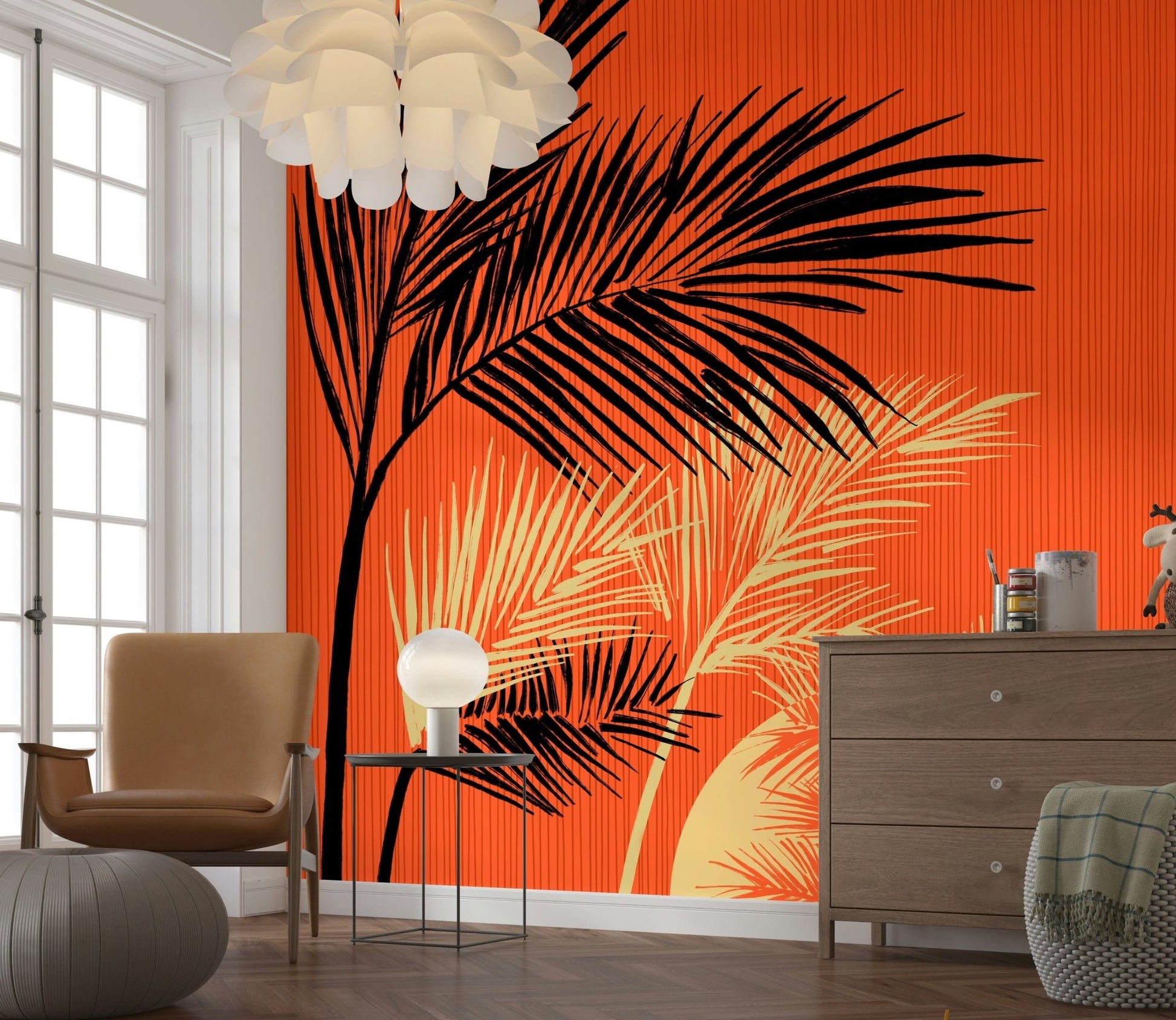 Window-side sitting area with Palms at Sunset wall mural and layered palm forms