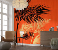 Window-side sitting area with Palms at Sunset wall mural and layered palm forms