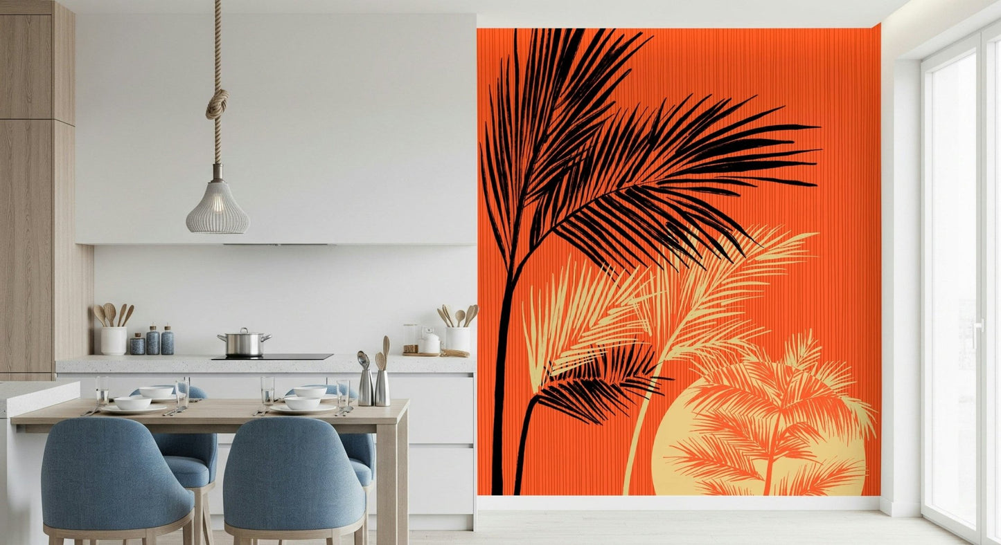 Open kitchen space styled with Palms at Sunset wall mural in bold sunset tones