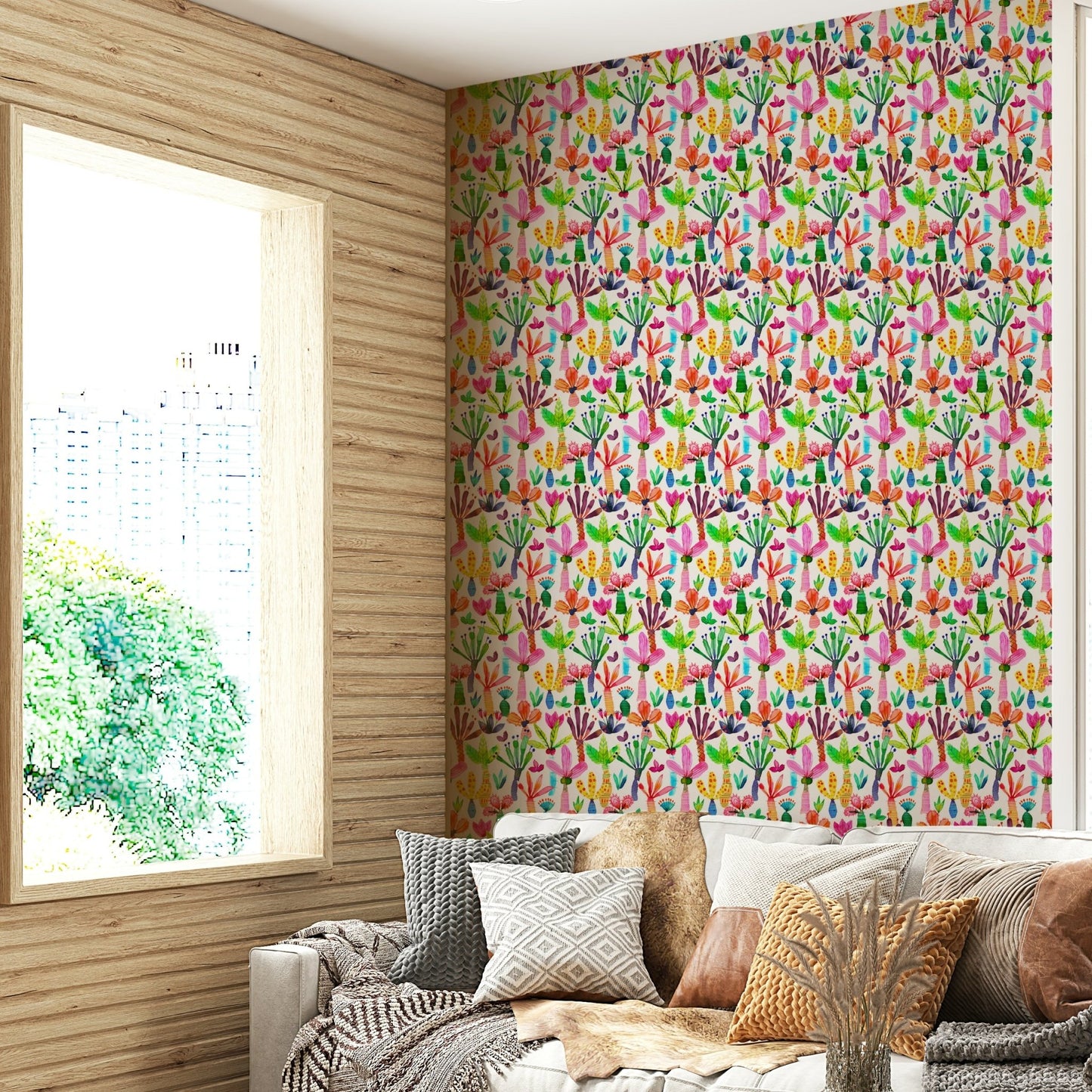 Vibrant palm leaf mural wallpaper

