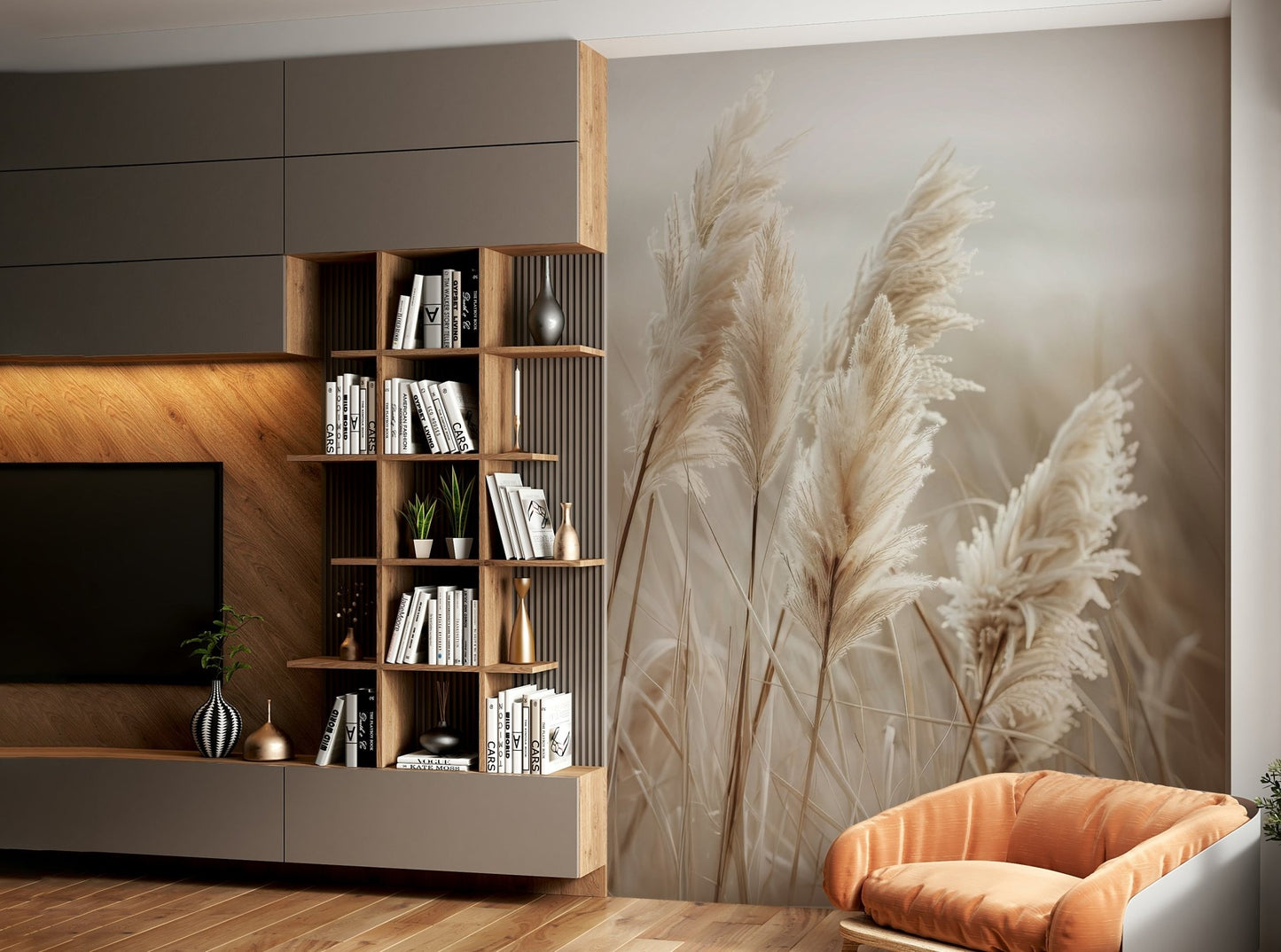 Coastal pampas grass wall mural for serene spaces

