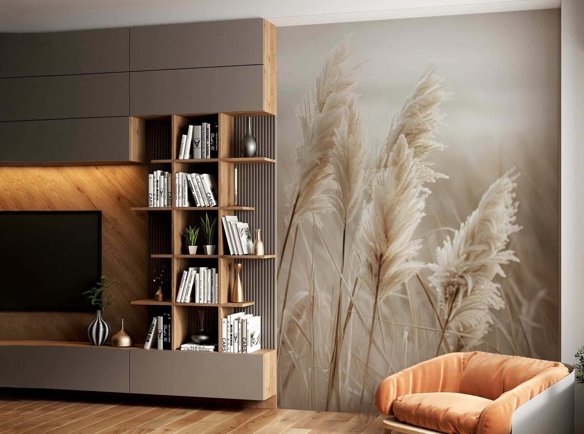 Coastal pampas grass wall mural for serene spaces

