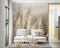 Elegant pampas grass with ocean backdrop mural

