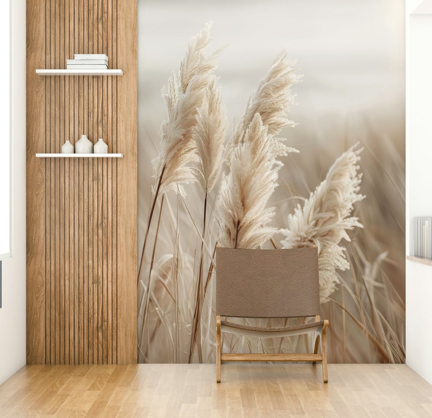Coastal pampas grass and waves wall mural design

