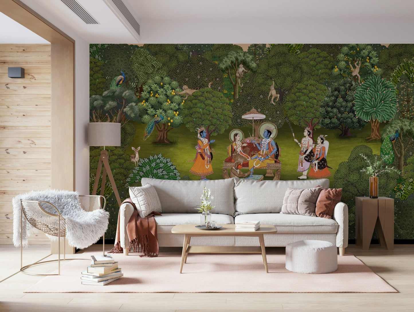 Wide view of Panchavati Vihar wall mural covering a statement wall