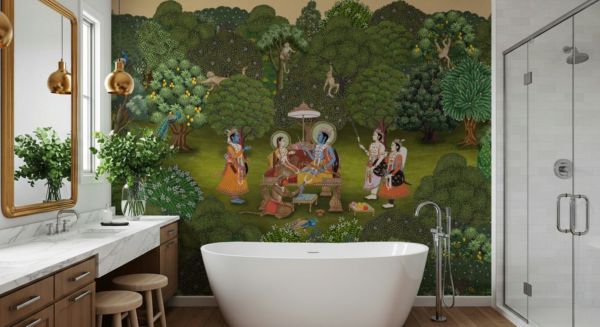 Panchavati Vihar mural behind a bed in a serene bedroom setup