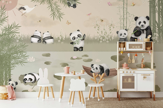 A group of pandas playing in a bamboo forest.

