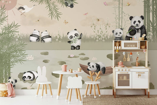 A group of pandas playing in a bamboo forest.

