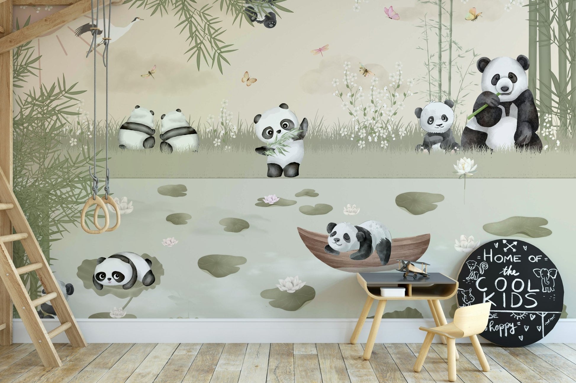 Another panda is sitting on the ground, eating bamboo.

