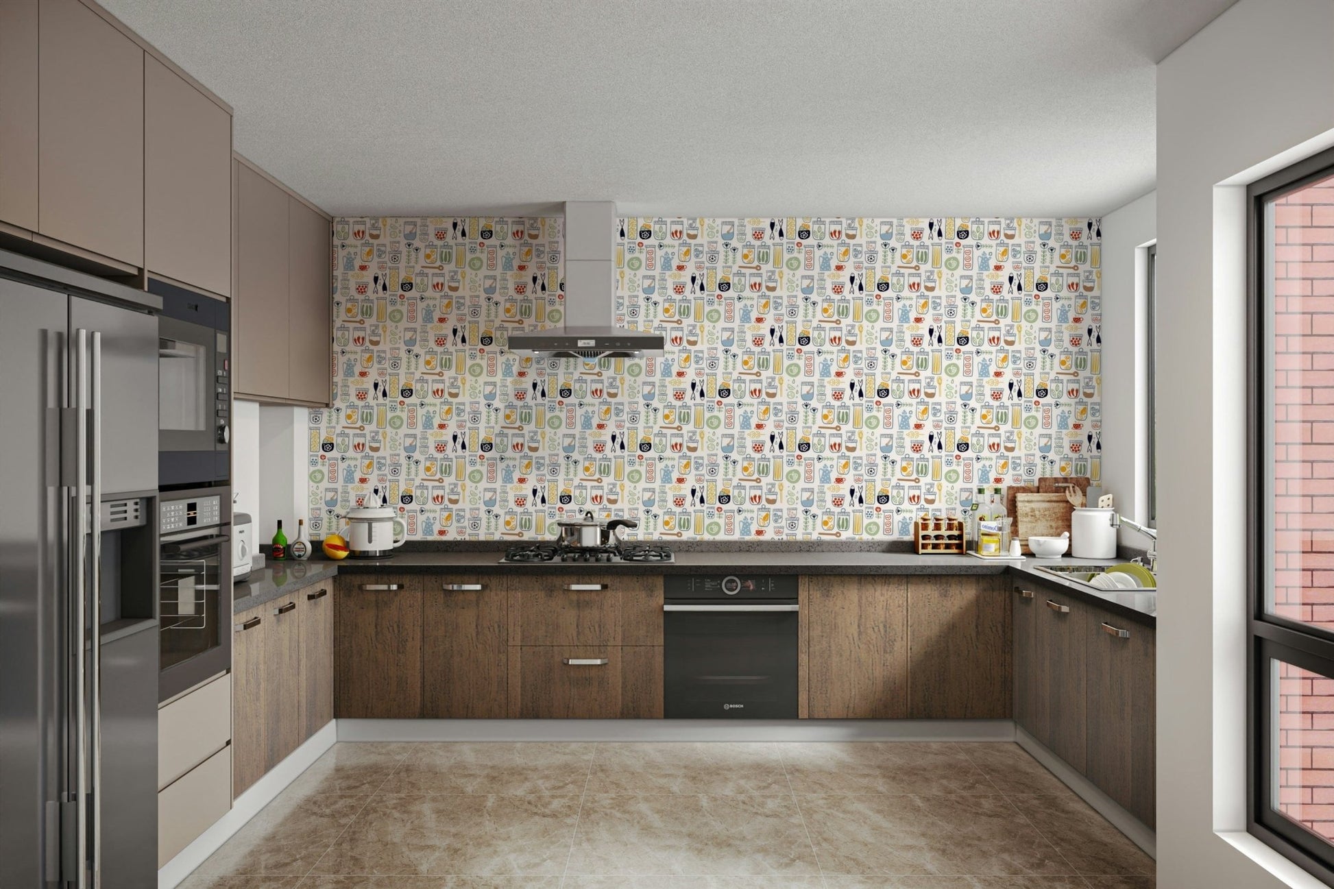 Colorful jars on pantry wallpaper

