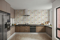 Colorful jars on pantry wallpaper

