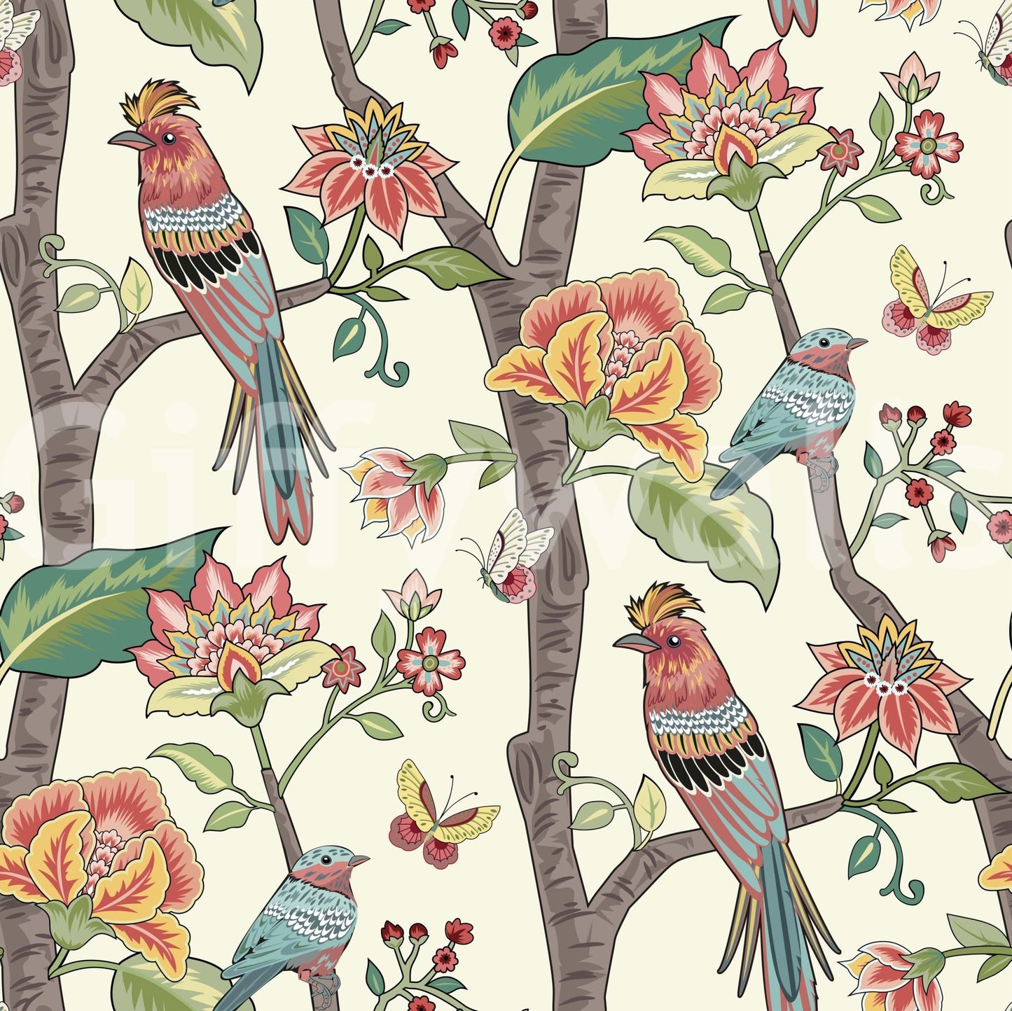 Flamboyant Paradise Perch wallpaper for walls with whimsical flora.