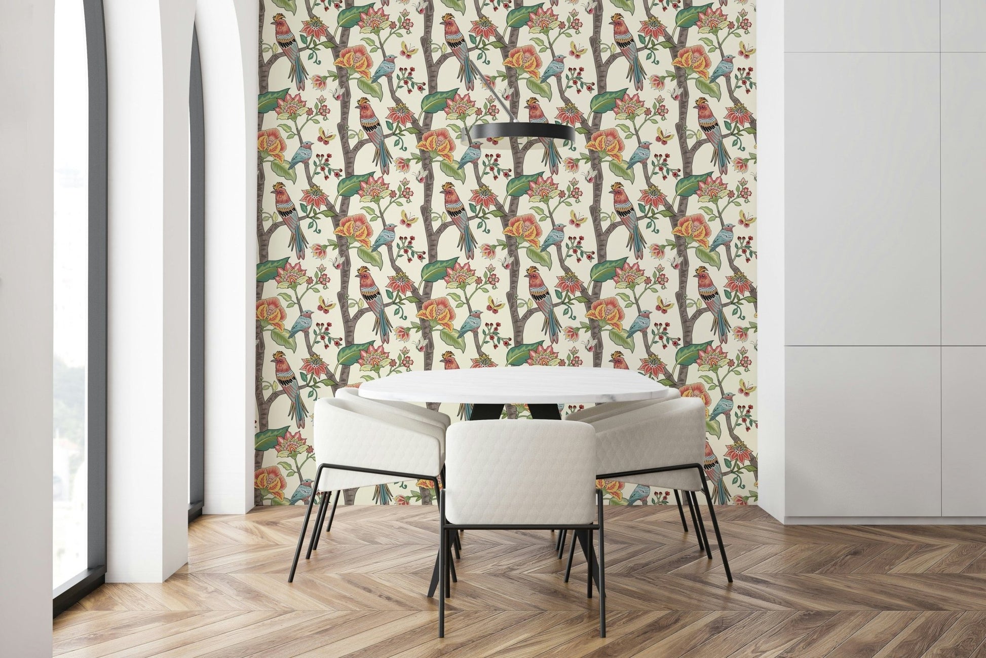 Peppy wallpaper design featuring striking and whimsical Perch fowl.