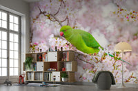 Nature-themed mural with birds and flowers

