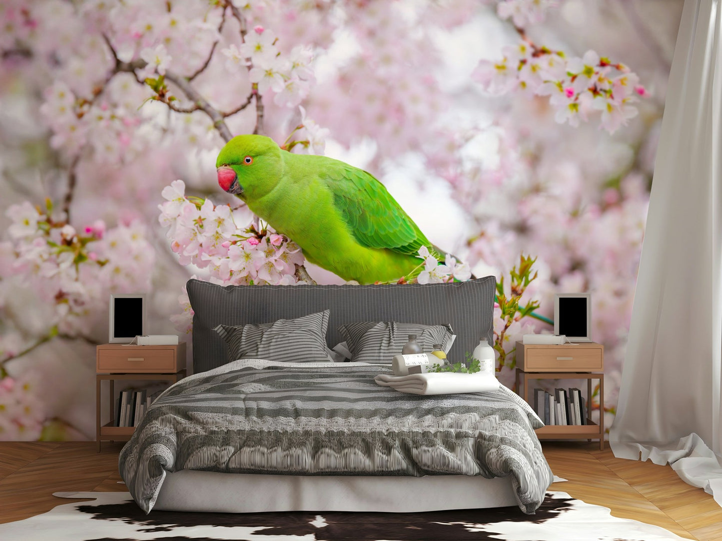 Playful parakeets perched in flower garden

