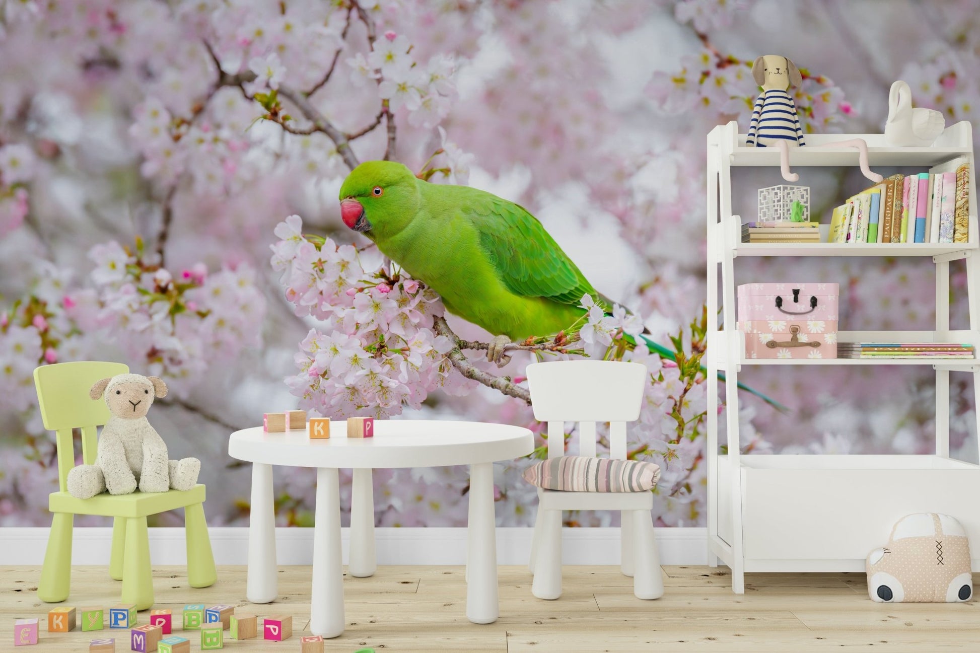 Colorful parakeets sitting among blossoms

