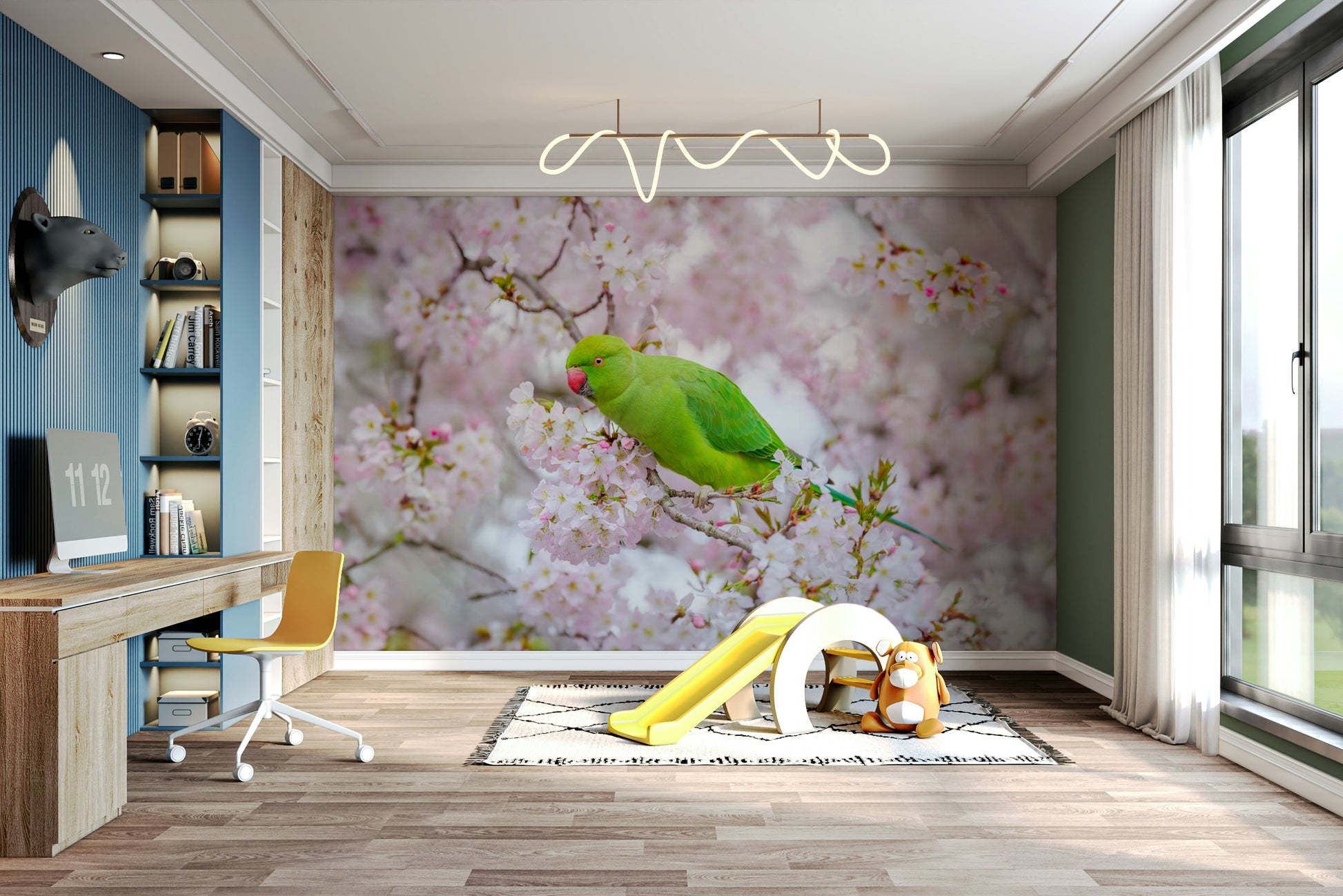 Cheerful birds and flowers on wall mural

