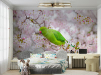 Floral wallpaper mural with bright parakeets

