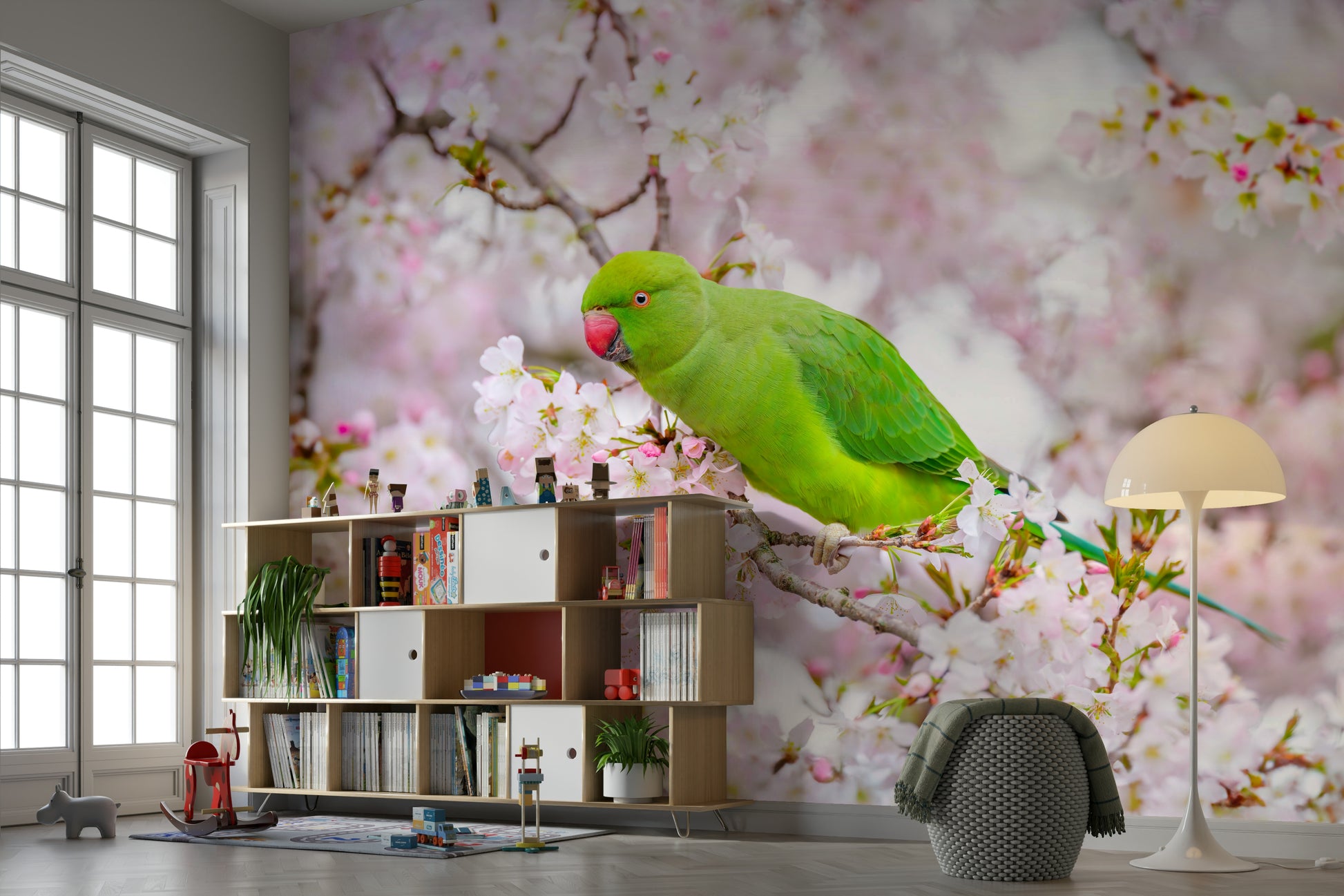 Nature-themed mural with birds and flowers

