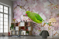 Nature-themed mural with birds and flowers

