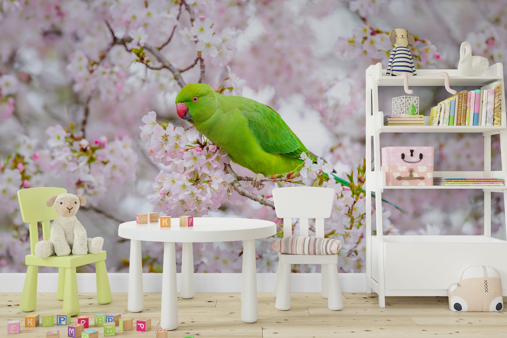 Colorful parakeets sitting among blossoms

