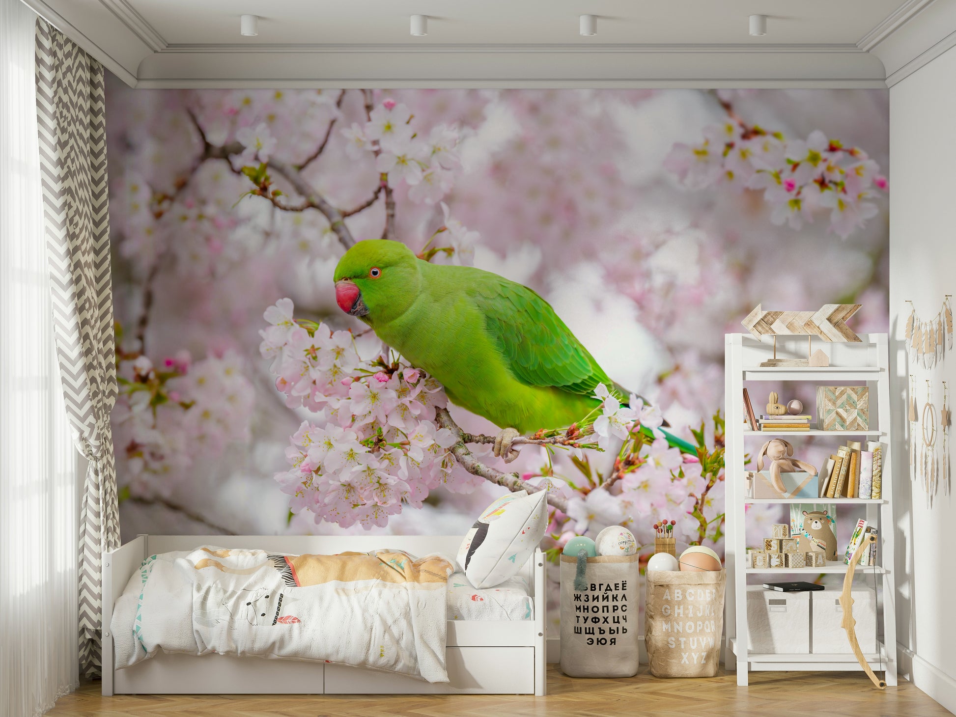 Parakeets and flowers wall mural design

