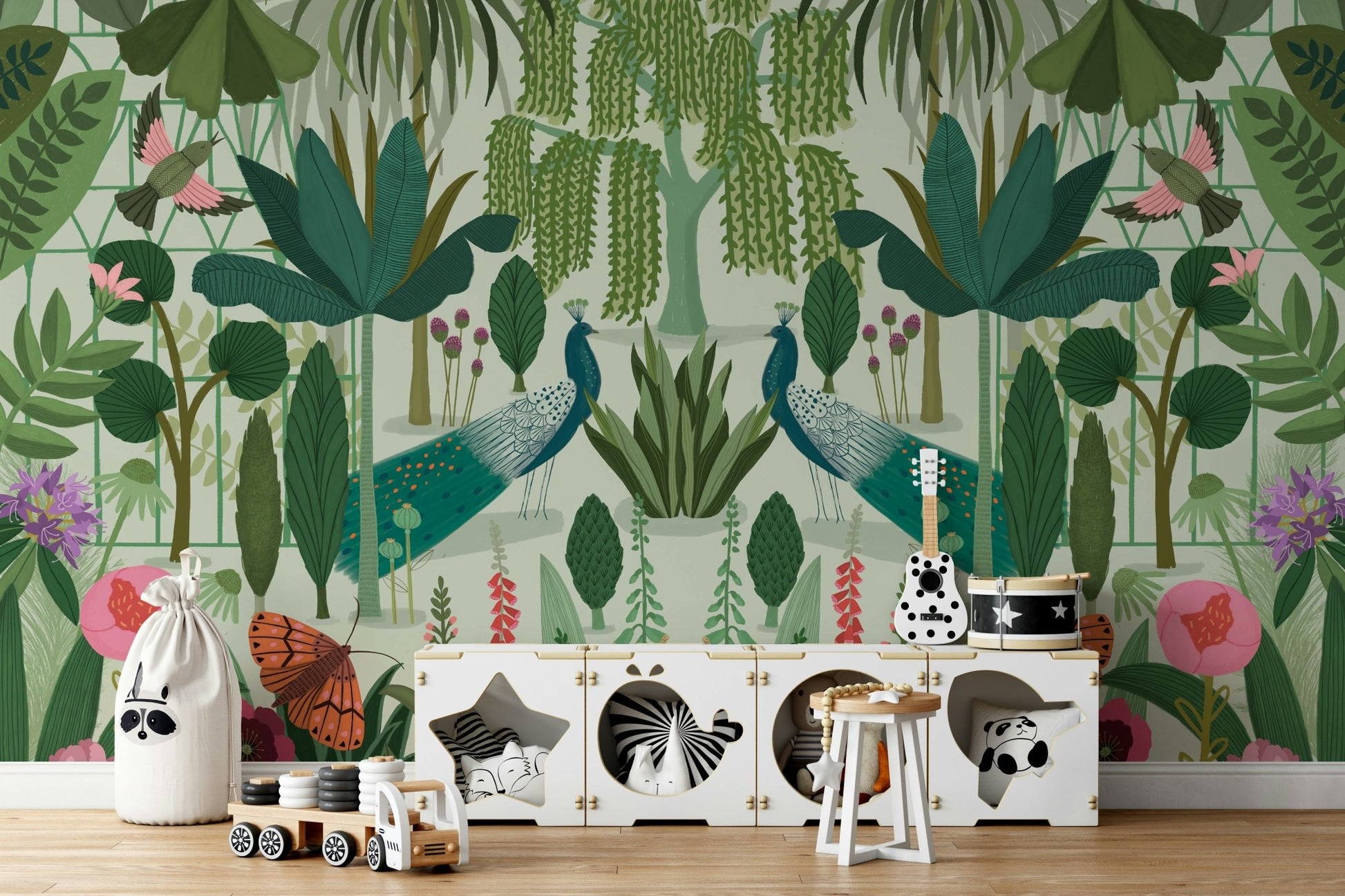 Scenic mural of Paris park with trees and walkways.

