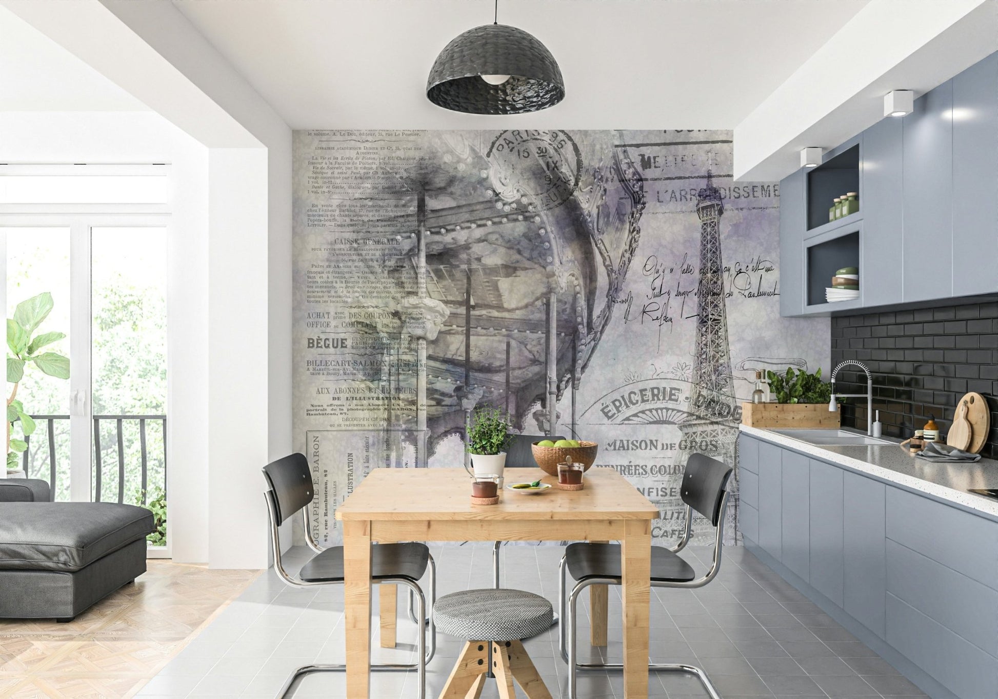 Vintage-style wall art featuring Eiffel Tower and carousel horses.

