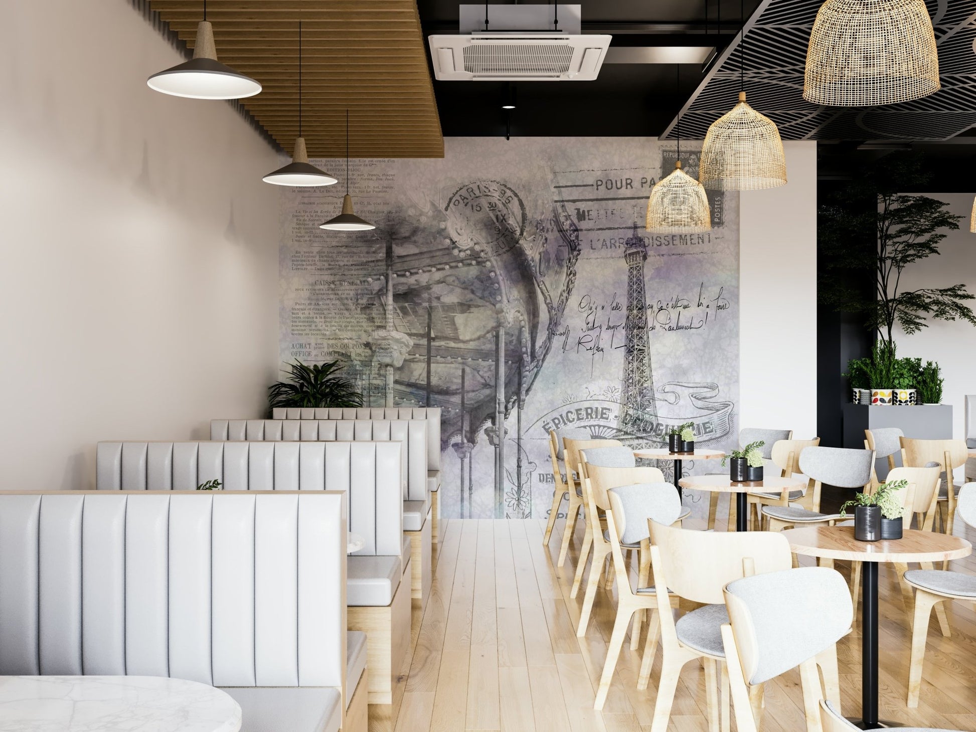 Collage-style mural of Paris with architectural and carnival charm.

