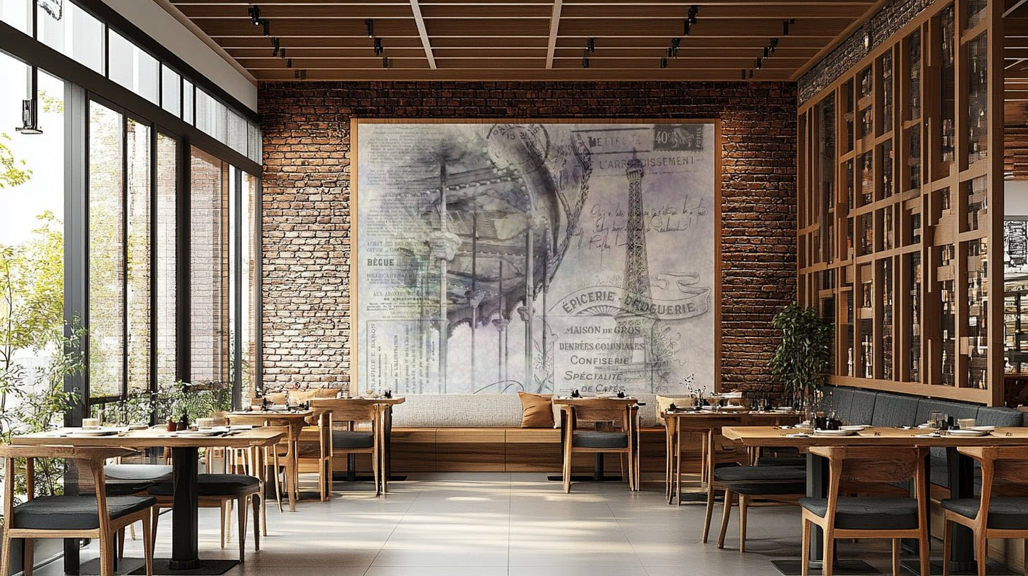 Romantic Paris mural blending steel tower and ornate ride.

