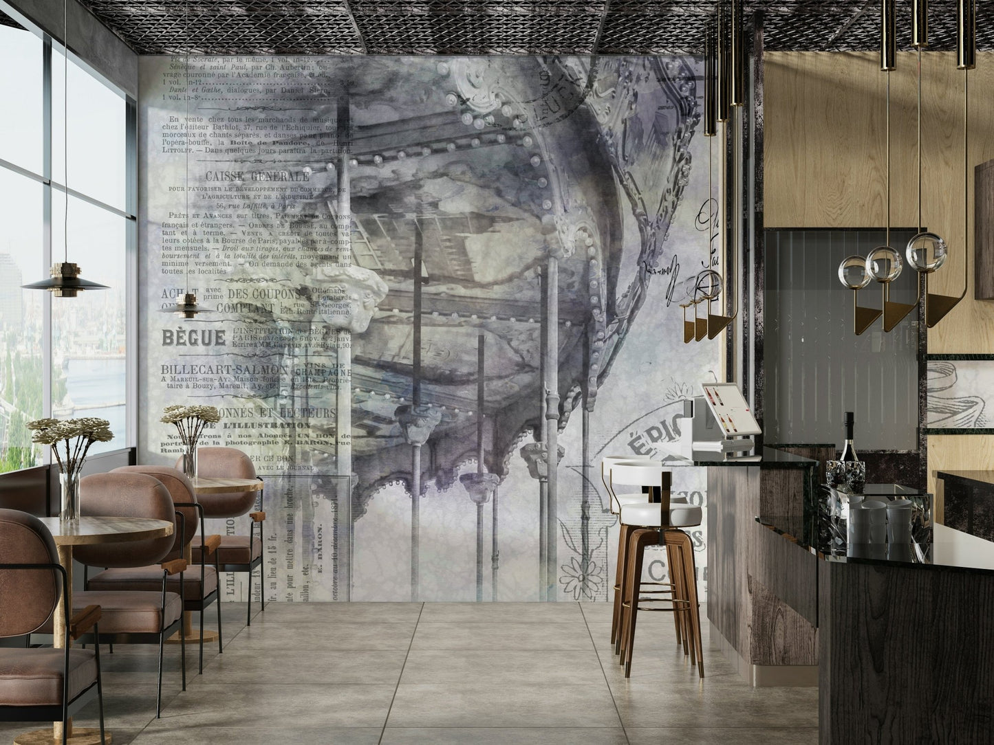 Wall mural featuring Eiffel Tower and vintage Paris carousel.

