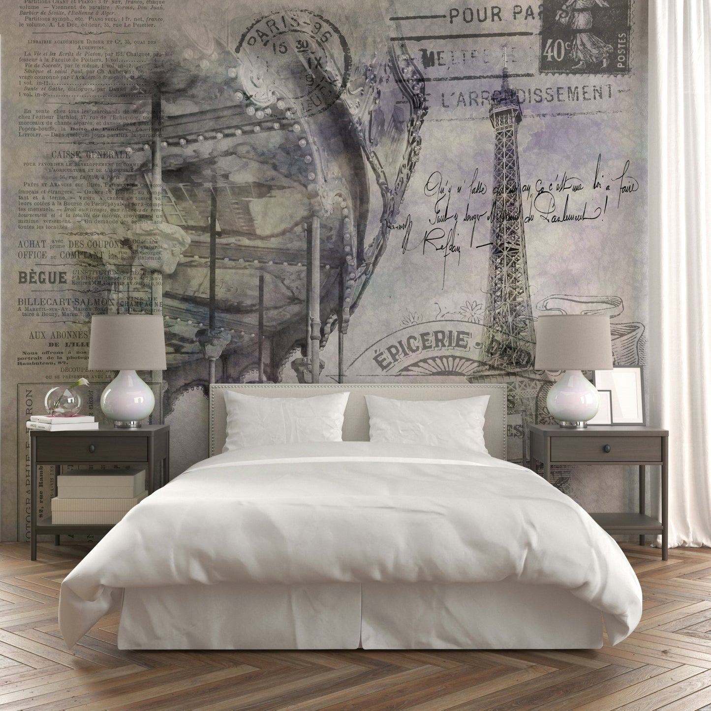 Artistic collage mural with Eiffel Tower and ornate carousel.

