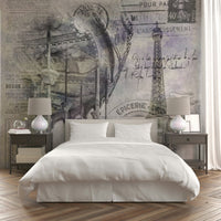 Artistic collage mural with Eiffel Tower and ornate carousel.

