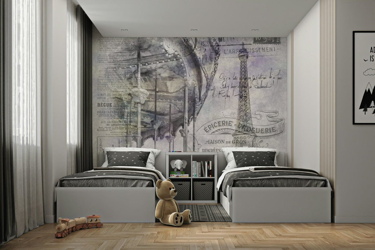 Monochrome mural with Eiffel Tower and carousel in artistic overlay.

