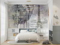 Eiffel Tower wall mural with whimsical Parisian carousel below.

