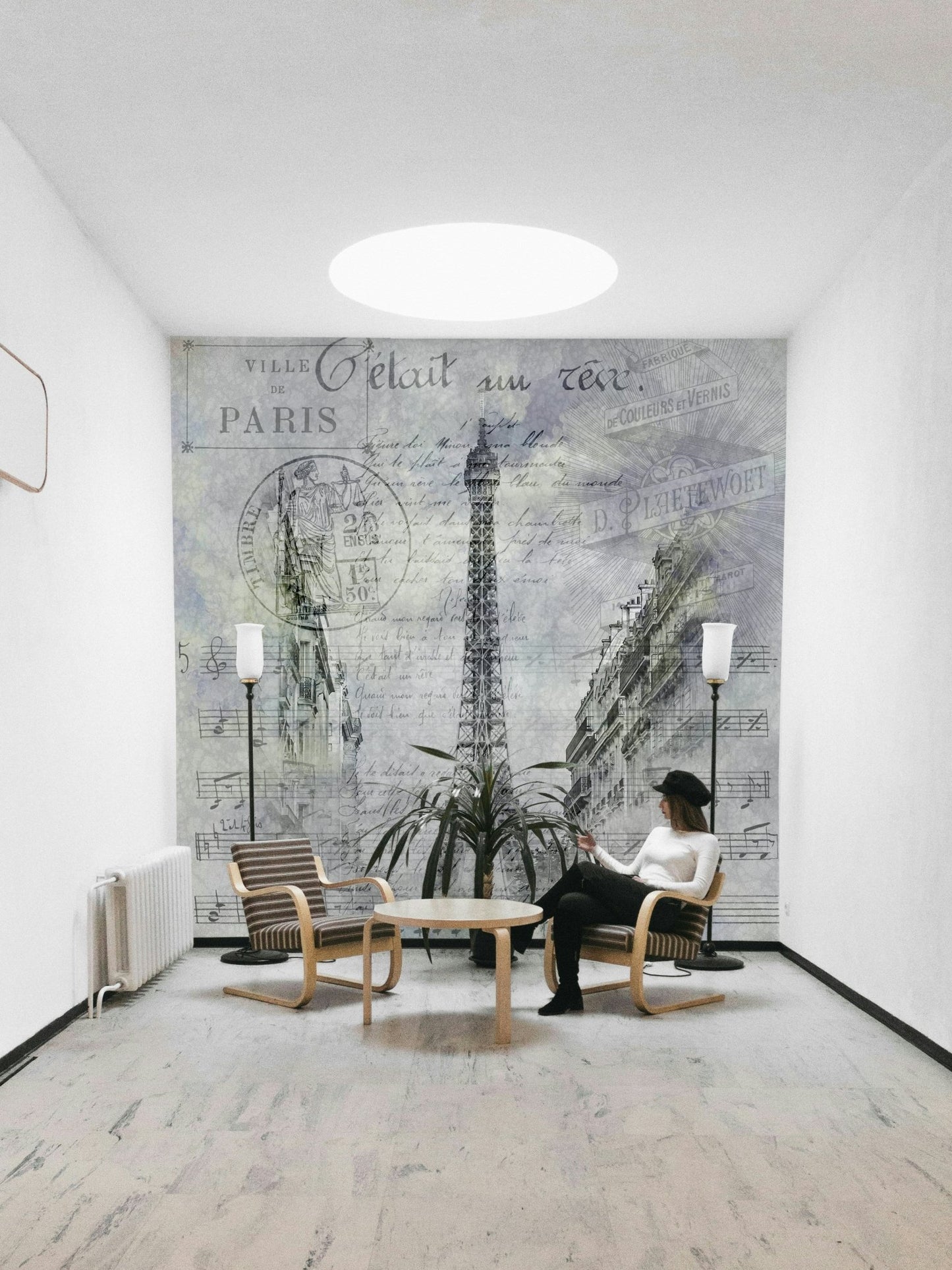 Romantic Paris streetscape mural with collage-style elegance.

