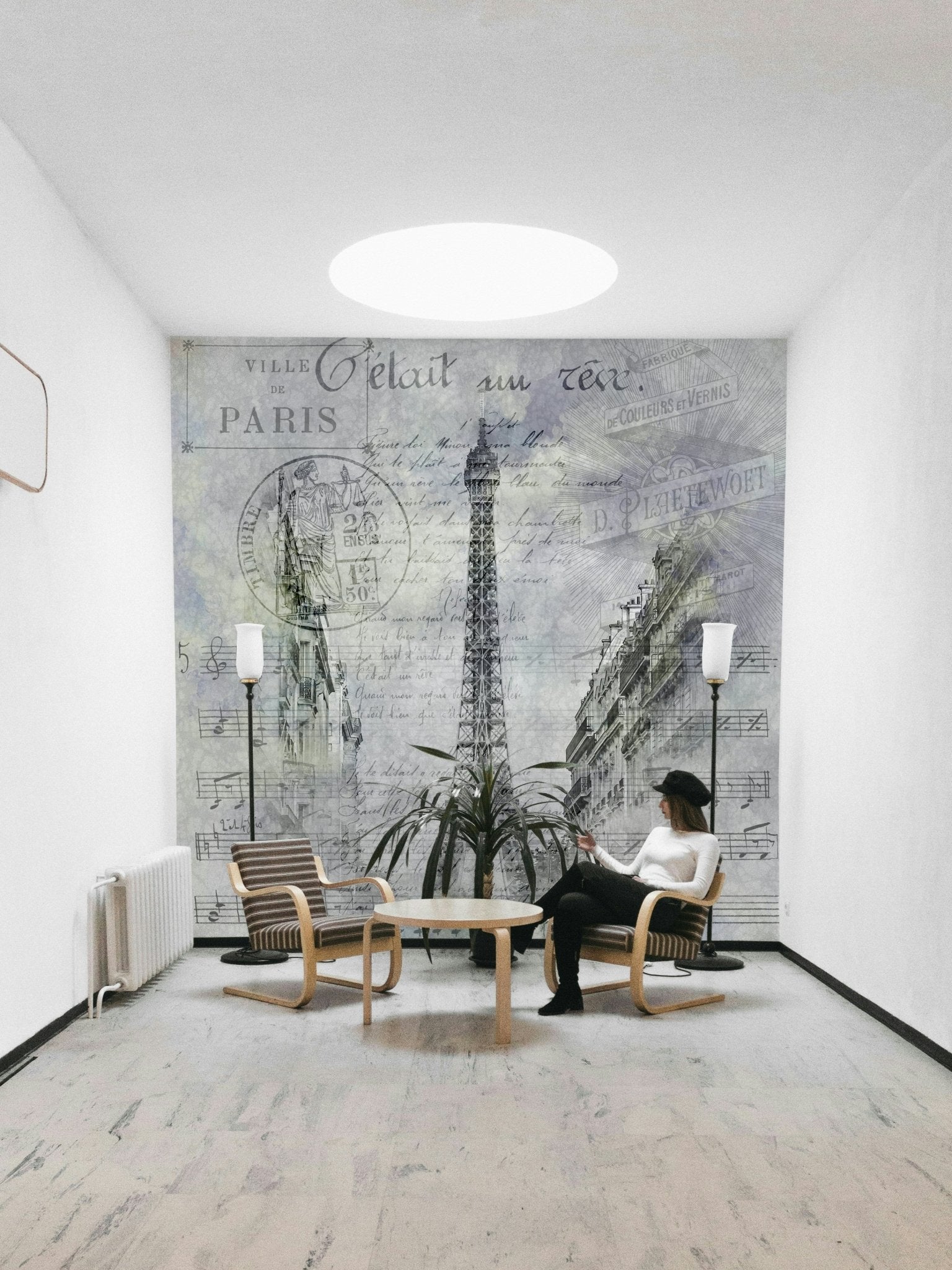 Romantic Paris streetscape mural with collage-style elegance.

