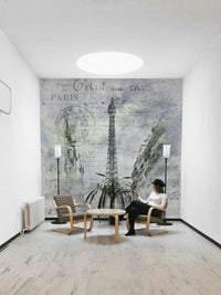 Romantic Paris streetscape mural with collage-style elegance.

