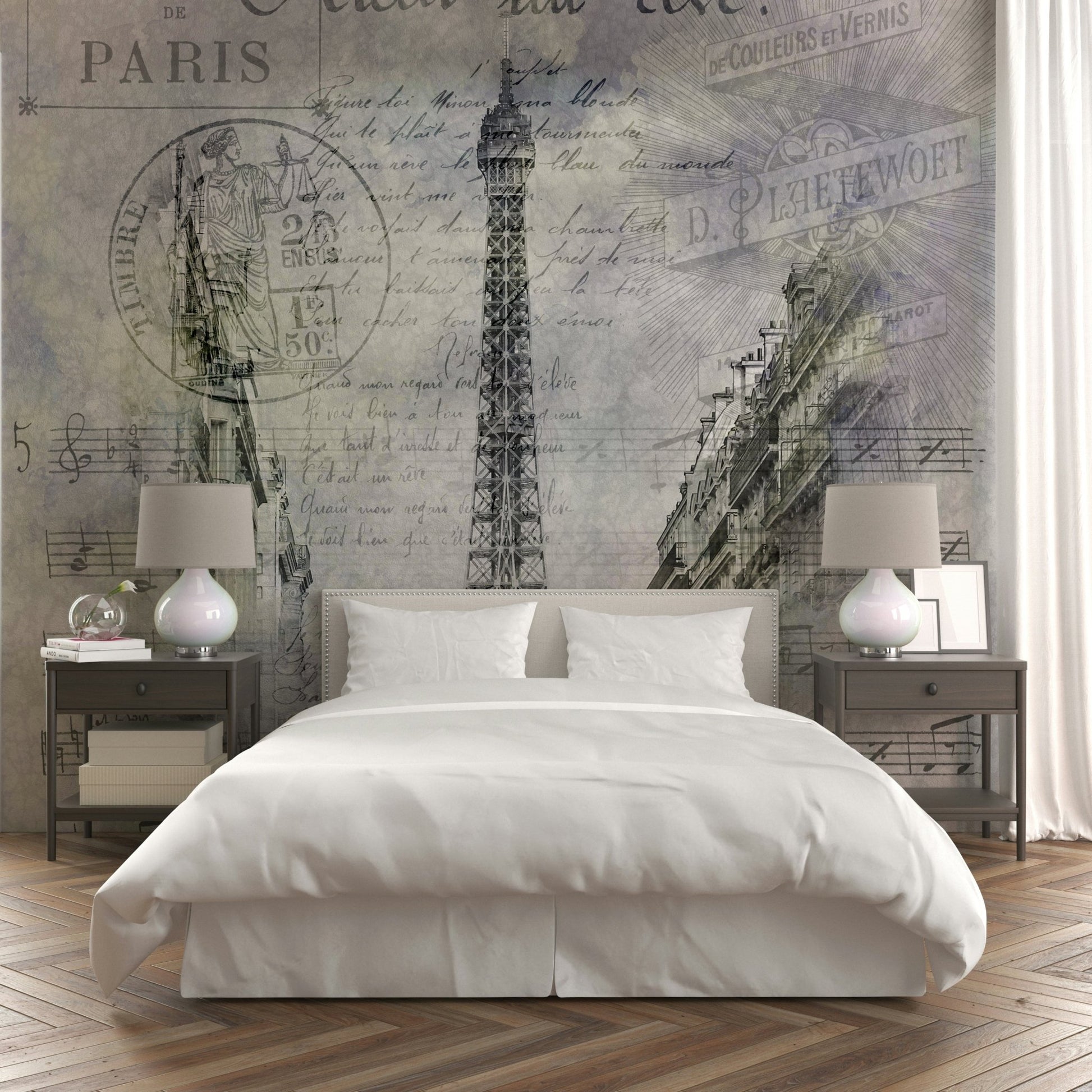 Artistic Paris streetscene mural with landmark and architecture.

