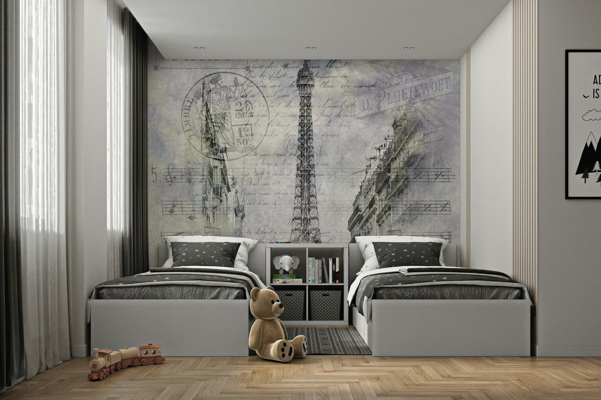 Paris wall mural with Eiffel Tower and bustling streetscape., GD1489