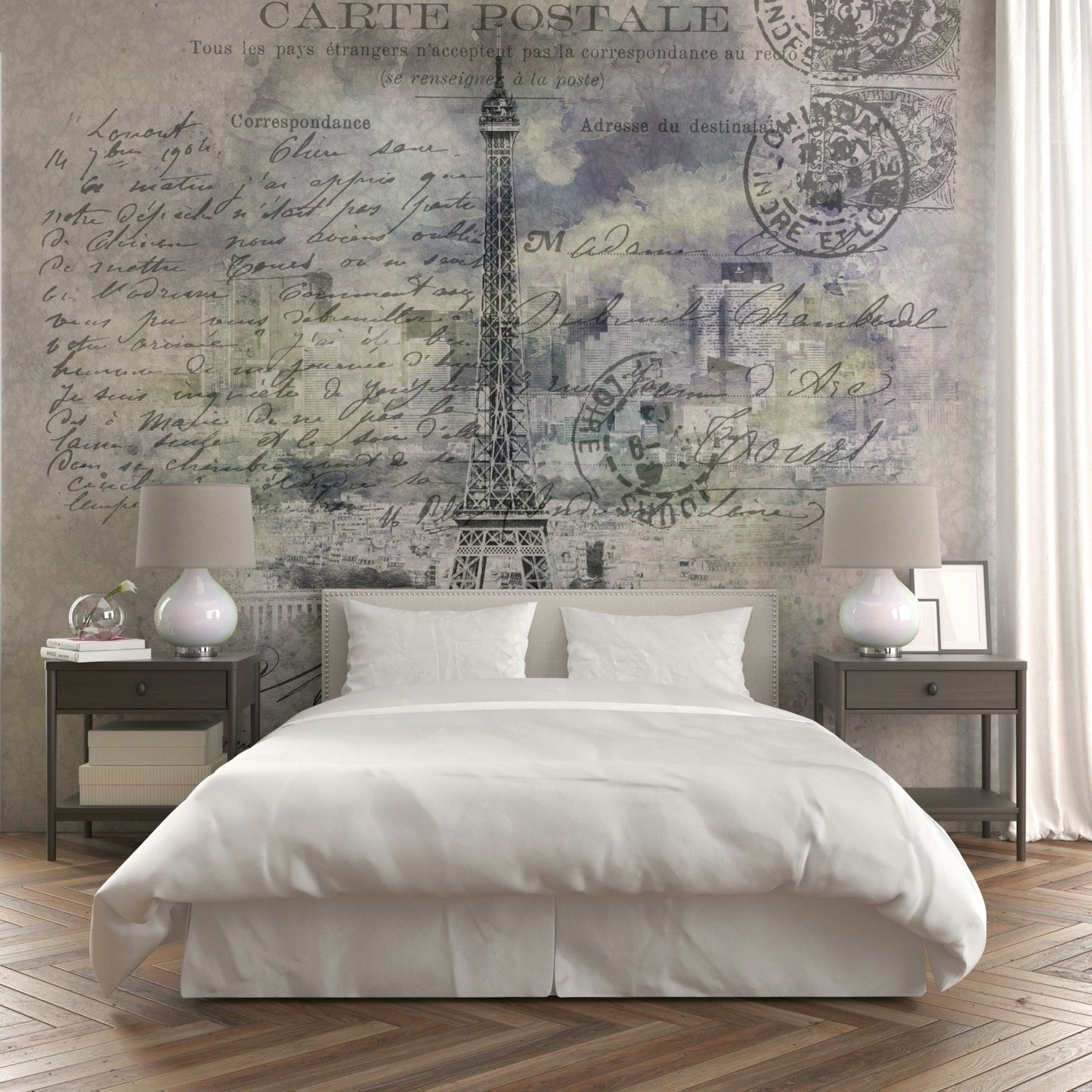Mixed-media mural featuring Paris landmarks and city layers., GD1487