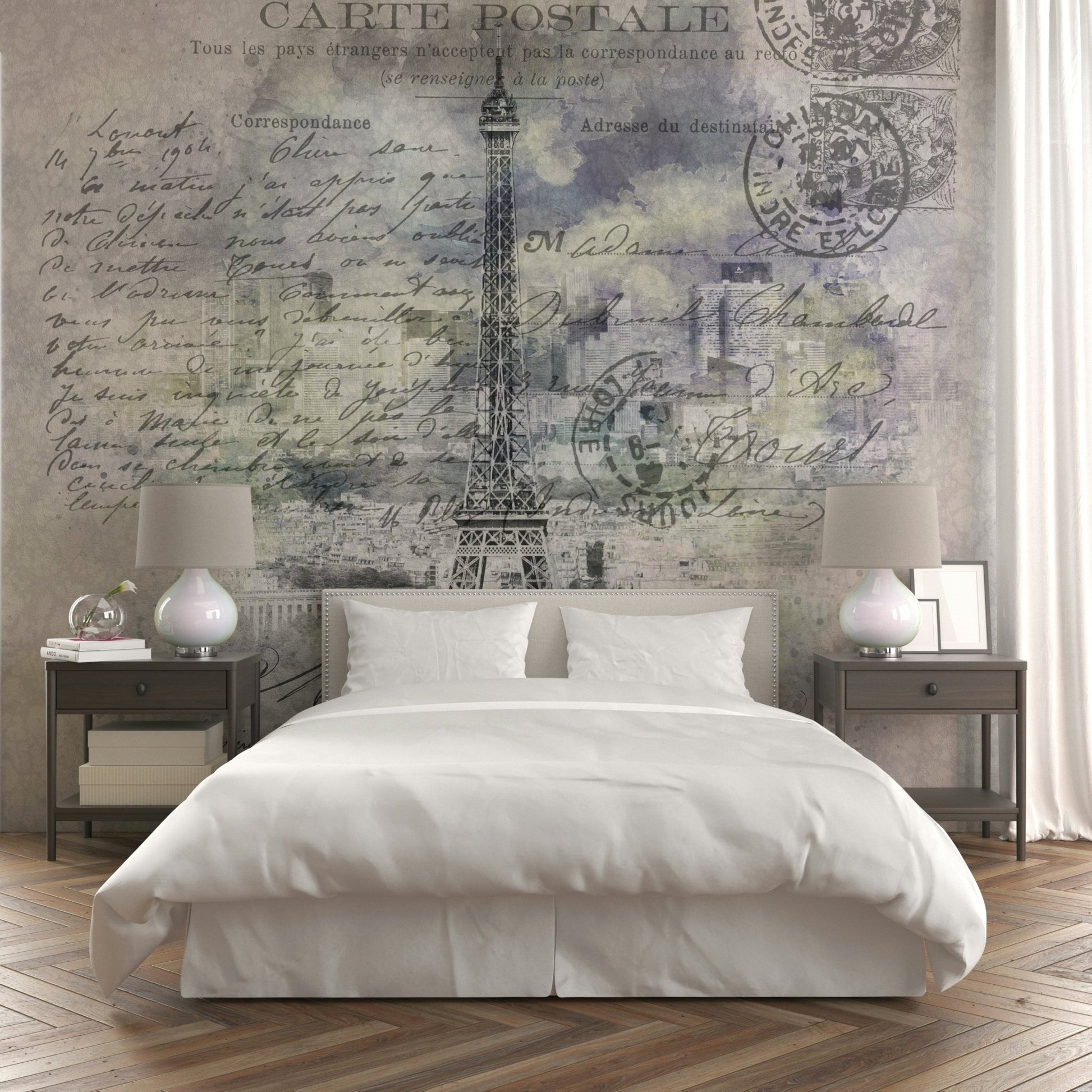 Mixed-media mural featuring Paris landmarks and city layers., GD1487