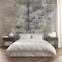 Mixed-media mural featuring Paris landmarks and city layers., GD1487
