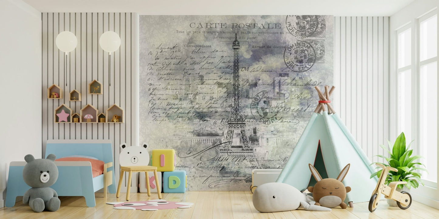 Paris skyline mural with rooftops and Eiffel Tower in view., GD1487