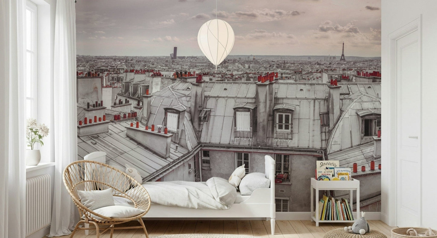 Paris Love wall mural in a modern living room with soft grey tones.